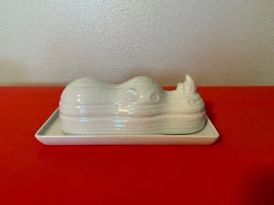 Pier1 Imports Zoology Rhino Butter Dish Porcelain White Whimsical With Lid New - Image 1 of 4