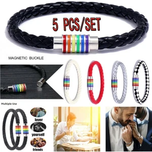 5Pcs/set Couple LGBT Rainbow Magnetic Clap Braided Leather Bracelets Bangle Gift - Picture 1 of 11