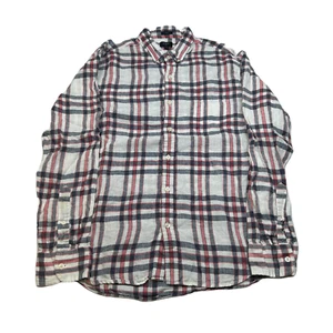 J Crew Linen Shirt Mens Large White Red Black Plaid Slim Fit Long Sleeve - Picture 1 of 9