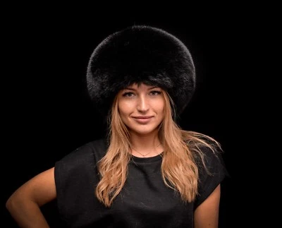 Genuine Jet Black Fox Fur Handmade Ladies Beret Hat - Image 1 of 4