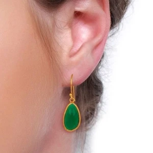 Green Onyx Gemstone 925 Silver Gold Plated Dangle Earrings Girls Gift Jewelry - Picture 1 of 6
