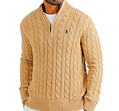 NWT - Polo Ralph Lauren Men's 1/4 Zip Cable Knit Cotton Sweater: CAMEL - M - XXL - Image 1 of 4