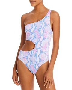 Traje de baño para mujer AQUA con estampado de serpiente de natación recorte de un hombro rosa B4HP - Imagen 1 de 6