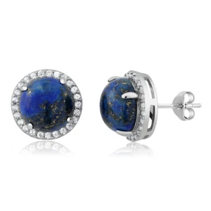 925 Sterling Silver 10mm Cabouchon Blue Simulated-Lapis Gemstone Stud Earrings - Picture 1 of 3
