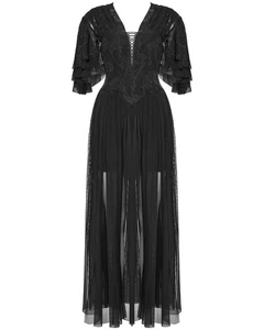 Punk Rave Daily Life Long Gothic Rose Lace & Pleated Mesh Lace Up Maxi Dress - Picture 1 of 13