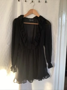 Boohoo Black Chiffon Ruffle Plunge Front Long Sleeve Skater Dress Size 10 - Picture 1 of 6