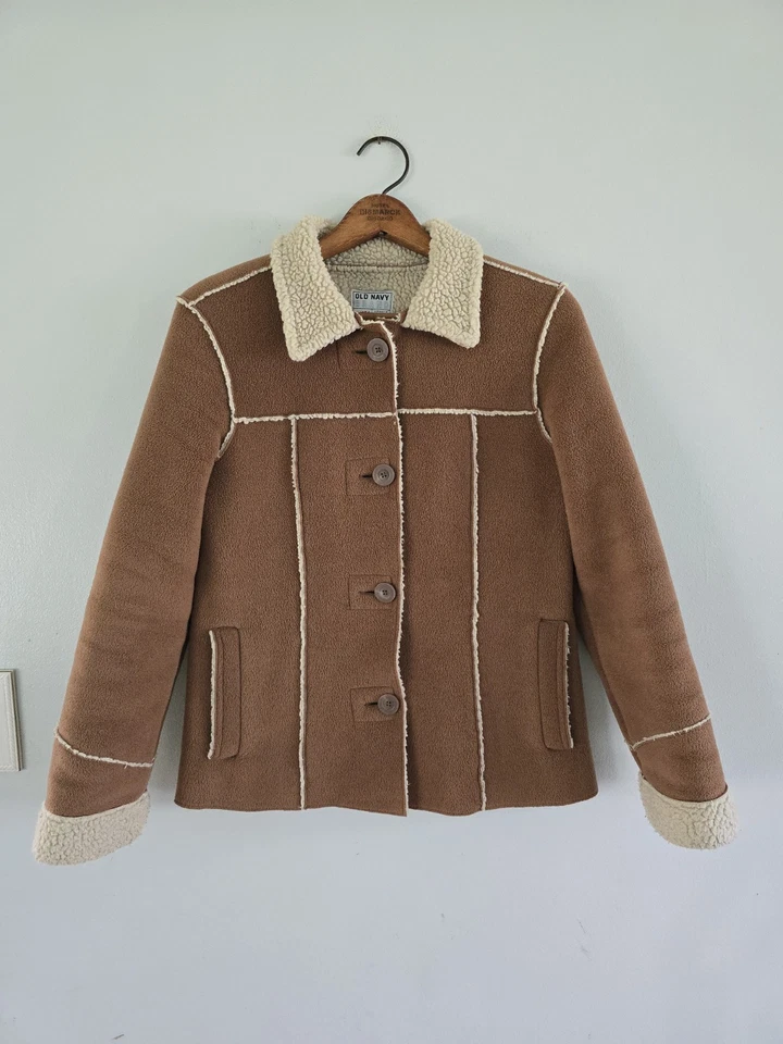 Antiguo Abrigo Azul Marino Y2K Tostado Imitación Gamuza Sherpa Piel de Oveja Forrado Exterior Chaqueta M De Colección Foto 1 de 4