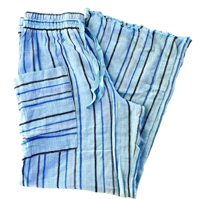 Indigo Rein Wide Leg Blue Black Striped Linen Pants with Raw Hem - Medium - Изображение 1 из 4
