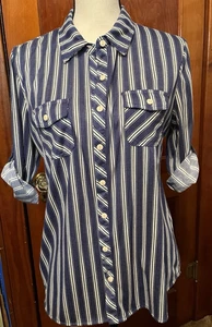 Oliva & Eden Women’s Medium Striped Blouse Top Shirt Long Sleeve Button Down - Picture 1 of 6