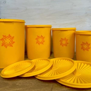 Vintage Tupperware Kanister selten gelb/orange Blumen 4er Set Kanister mit Deckel - Bild 1 von 4