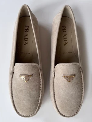 NUEVO MOCASINES PLANOS PRADA TRIÁNGULO GAMUZA CUERO PIEDRA PÓMEZ 39.5 Foto 1 de 4