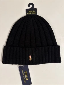 Polo Ralph Lauren Logo Pony Negro Lana Tejido Puños Gorro Gorra Hombre’s OS NUEVO CON ETIQUETAS - Imagen 1 de 5