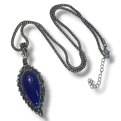Silver Tone Blue Acrylic & Marcasite Leaf Pendant Necklace 18-20" - Image 1 of 4