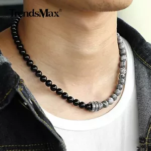18INCH Natural Jasper Stone Matte Black Bead Necklace Choker Toggle Clasp Xmas - Picture 1 of 4