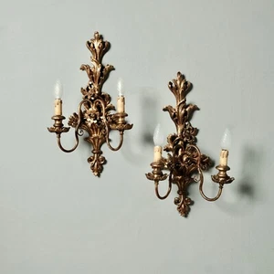 Pair Golden Baroque Style Wooden Applique Two Point Light Classic Gold Light - Picture 1 of 19