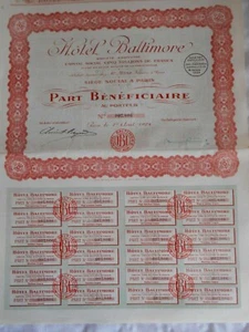 Vintage share certificate Stocks Bonds actions Hotel Baltimore 1924  - Picture 1 of 2