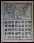 Fuseaux horaires des États-Unis et sceaux d'État 1892 impression carte tunisienne