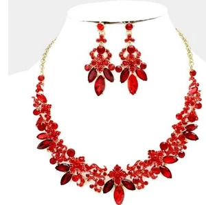 Red Earring Gold Wedding Rhinestone Crystal Pageant Necklace Jewelry Set - Picture 1 of 2