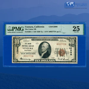 1929 $10 Union National Bank Of VENTURA, CA Charter #12996, PMG VF 25 - Picture 1 of 3