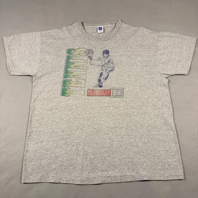 Vintage 80's Russell Athletic Tennis Grey Graphic T-Shirt XL Fish Faded Retro - Image 1 of 4