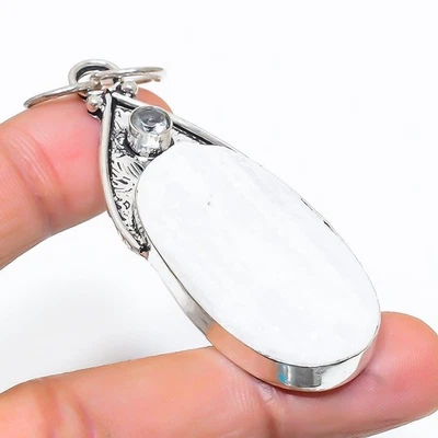 Selenite, pietra preziosa topazio bianco 925 ciondolo gioiello in argento ste... - Immagine 1 di 4
