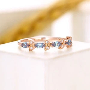 Solid 14k Yellow Gold Marquise Cut Alexandrite & Diamond Band Ring Minimalist - Picture 1 of 7