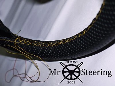 PERFORATED LEATHER STEERING WHEEL COVER FOR PEUGEOT 308 07+ YELLOW DOUBLE STITCH - Image 1 of 3