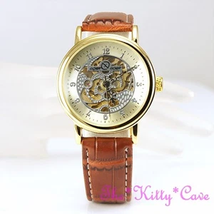 Reloj de cuerda tradicional de cuero bronceado mecánico hueco dorado esqueleto steampunk - Imagen 1 de 12
