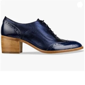 FOWT Women's Perforated Lace-Up Oxfords Mid Chunky Heel Derby Shoes Blue Shoes - Picture 1 of 8
