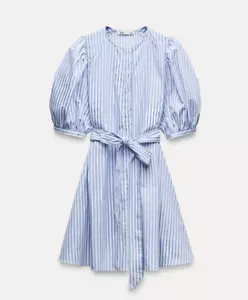 Zara Shirt Dress Size XL Blue Striped Mini Puff Sleeve Belted 8152/313 NWT - Picture 1 of 10