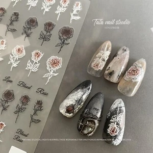 3D Weiß Schwarz Rose Nail Art Aufkleber Rot Blumenmuster Selbstklebend Aufkleber Zum Selbermachen Dekor - Bild 1 von 4
