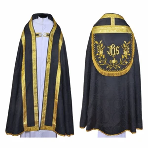 New Black Cope & Stole Set with IHS embroidery, Capa Pluvial, Chape, Far Fronte - Picture 1 of 1