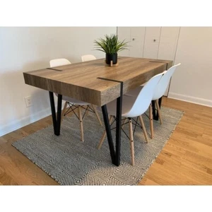 Mid Century Modern Industrial Farmhouse Wood Metal Dining Table 6 Person Brown - Picture 1 of 24