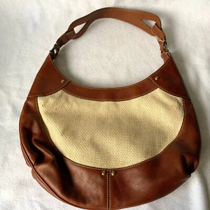 Cole Haan Woven Grass Leather Hobo Shoulder Bag Tan Brown Handbag Pockets Brass - Picture 1 of 15
