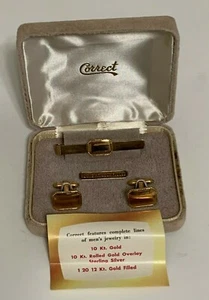 10Kt. Gold Cufflinks with tie pin by Correct Brand New in Original Velvet Box - Picture 1 of 7