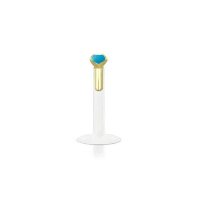 14K Solid Gold Push in Top Gemstone PTFE 16G Flexbile Flat Back Labret Studs - Image 1 of 4