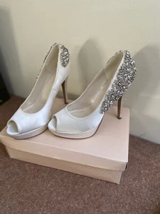 Indulgence Paradox Lond Ivory High Heel Platform Peep Toe Wedding Shoes RPP £115 - Picture 1 of 16