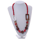 Red/ Brown Wooden, Acryslic Bead Geometric Necklace - 70cm L
