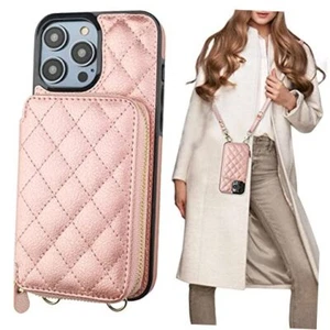 iPhone 14 Pro Max Crossbody Wallet Case, RFID Blocking, PU Leather Rose Gold - Picture 1 of 7