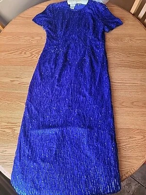 复古 80 年代 Stenay 100% 真丝钴蓝色闪亮亮片串珠连衣裙女式 LG  — 第 1/4 张图片