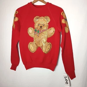 Christmas Sweatshirt Youth L Teddy Bear Glitter Crew Neck Vtg Homemade Kitschy - Picture 1 of 24