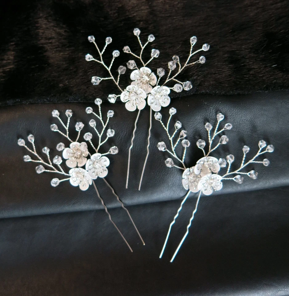 Metal White Flower 3 PC Boho Wedding Hairpin Set, Bridal Flower Hair Pin Set - Image 1 of 4