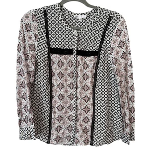 DR2 Womens Long Sleeve Button-Up Blouse Medium Multicolor Geometric Floral Print - Picture 1 of 7