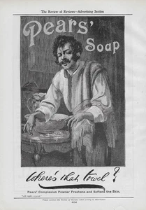 Jabón de peras 1904 "¿Dónde está esa toalla?" Anuncio impreso original antiguo a página completa - Imagen 1 de 3