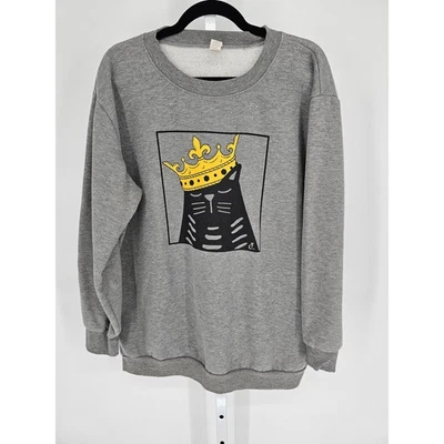 Cat Lady Womens Sz XL Crew Neck Sweatshirt Gray Black Cat w/ Crown - Image 1 of 4