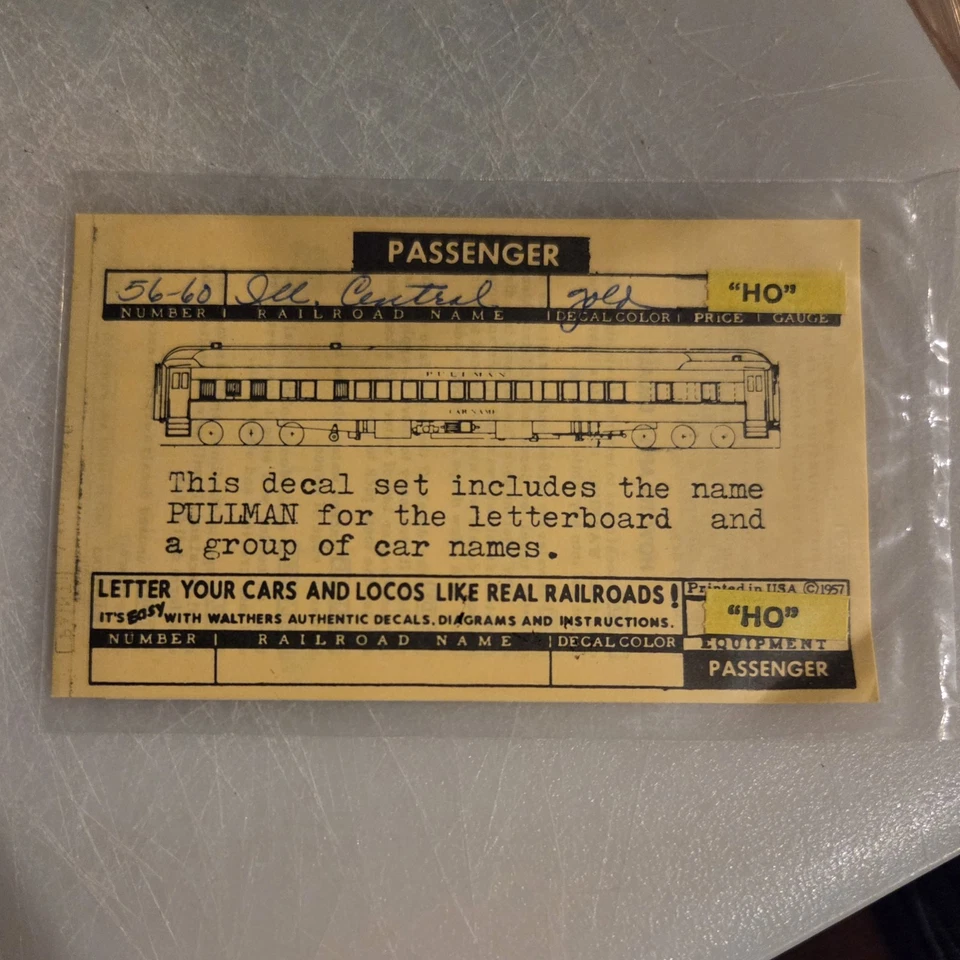 Illinois Central Passenger Decal 56-60 Walthers HO Scale, Unopened - Image 1 of 2