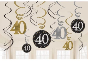 40 Cumpleaños Decoraciones Fiesta Colgante Edad 40 Remolinos Negro Plata Oro x 12 - Imagen 1 de 1