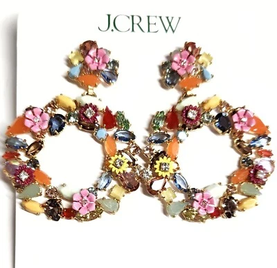 J.Crew Watusi Crystal Floral Wreath Earrings Multi-Color Light Gold Ox Brass New - Image 1 of 4