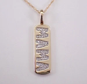 Yellow Gold Diamond MAMA Necklace Dog Tag Name Charm Pendant and Chain - Picture 1 of 5