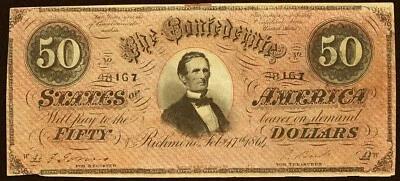 1864 $50 CSA CONFEDERATE CURRENCY - T 66  - VERY HIGH QUALITY - Image 1 of 2